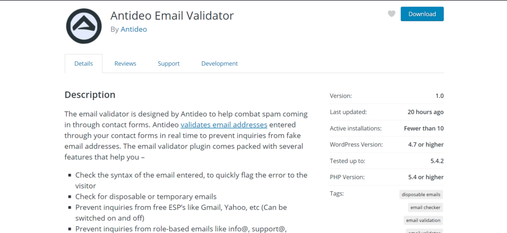 Antideo Email Validator Plugin Page