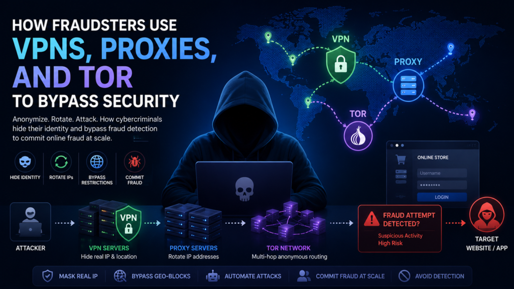 VPN fraud detection illustration showing attackers using proxies and Tor networks to hide IP addresses